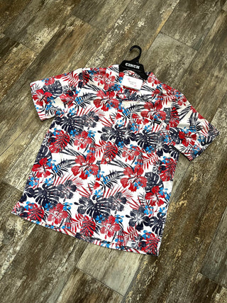MEN'S HAWAIIAN PRINT SHORT SLEEVE CAMP SHIRT - WHITE / RED / BLUE