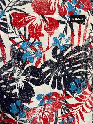 MEN'S HAWAIIAN PRINT SHORT SLEEVE CAMP SHIRT - WHITE / RED / BLUE