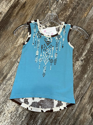 GIRL'S AZTEC COW PRINT TANK - LIGHT BLUE