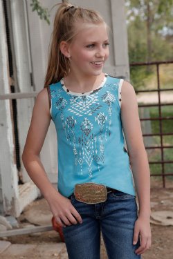 GIRL'S AZTEC COW PRINT TANK - LIGHT BLUE