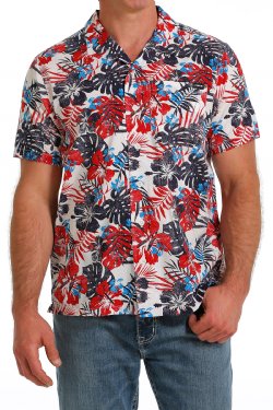 MEN'S HAWAIIAN PRINT SHORT SLEEVE CAMP SHIRT - WHITE / RED / BLUE