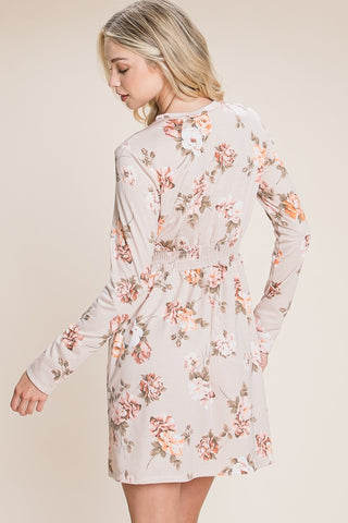 Taupe Floral Print Long Sleeve Dress