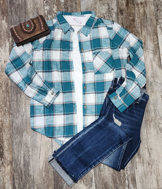 Cotton Plaid Flannel Shirt W/ Front Pocked - Teal
