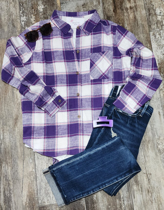 Cotton Plaid Flannel Shirt W/ Front Pocked - Purple