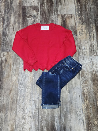 Scallop Trim Sweater- Red