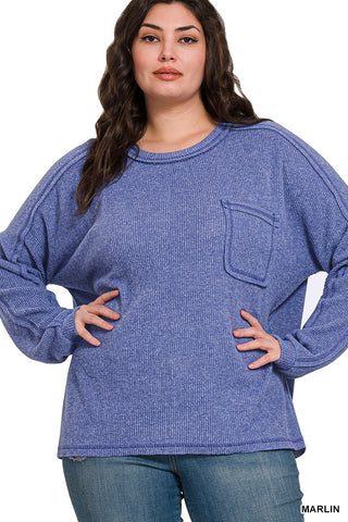 CURVY BRUSHED RIBBED ROUND NECK SWEATER