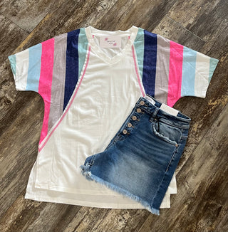 Pink and Blue Striped Sleeve Short Sleeved T-shirt