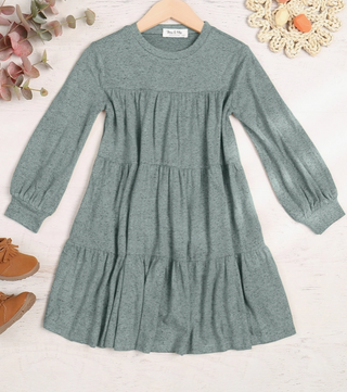 Girls Puff Long Sleeve Tiered Brushed Dress - Dusty Green
