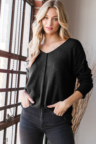 Solid Ribbed Top with Stitch - Black