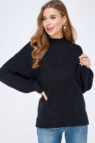 Bubble Sleeve Sweater, Turtleneck - BLACK